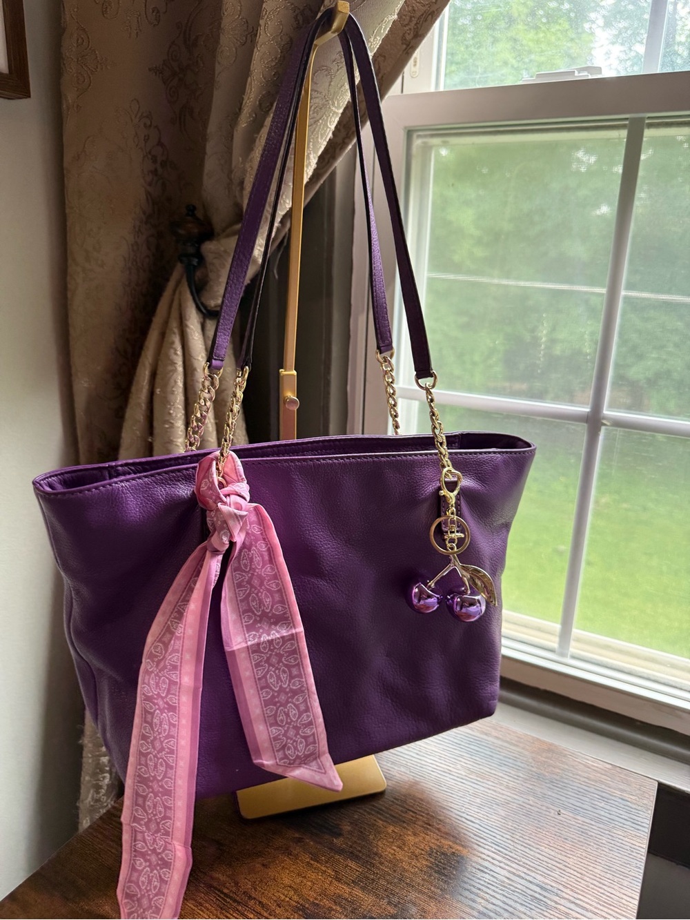 Michael Kors Purple Leather Tote Bag with Pink Scarf Accent